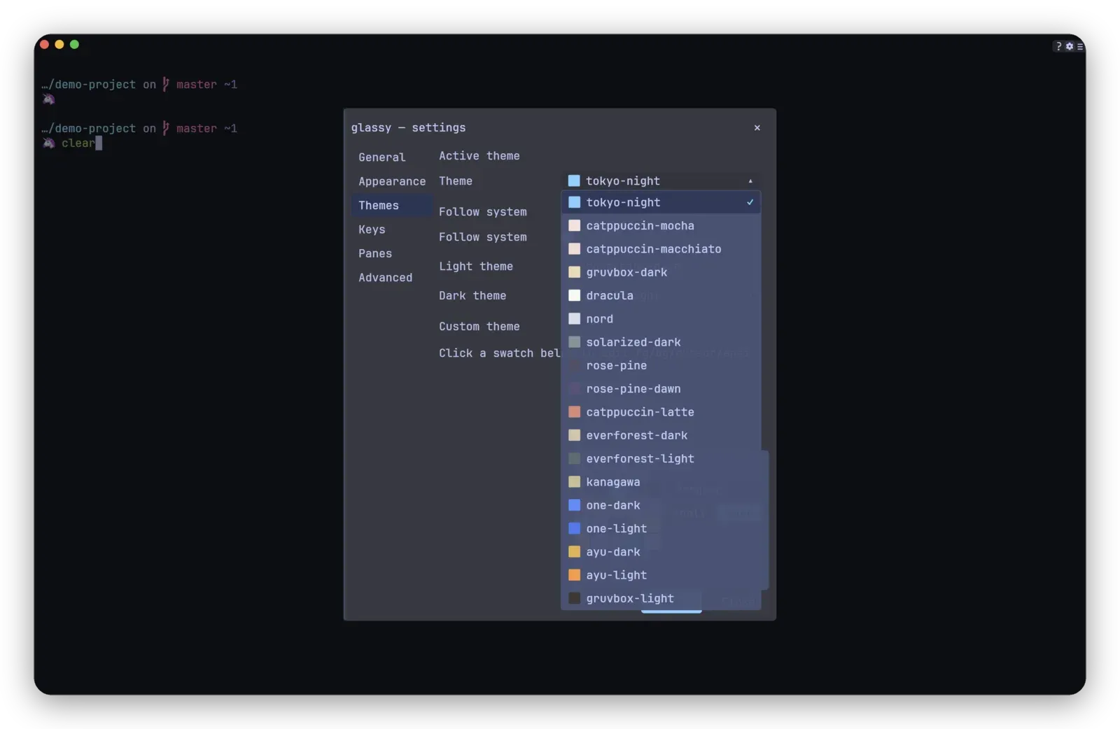 Glassy settings overlay on the Themes tab with a dropdown of built-in color themes and swatches.