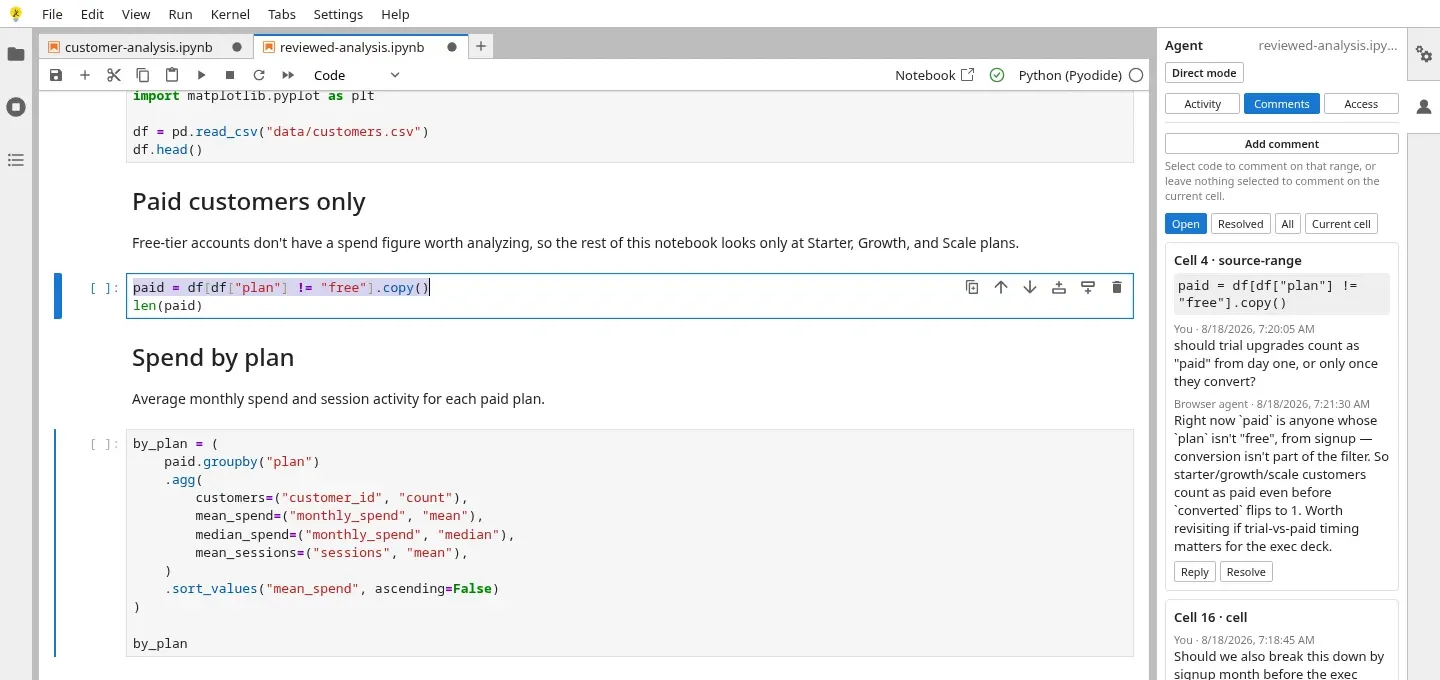 Review threads in the Agent panel: a comment anchored to a code range, with a human question and an agent reply, plus Reply and Resolve.