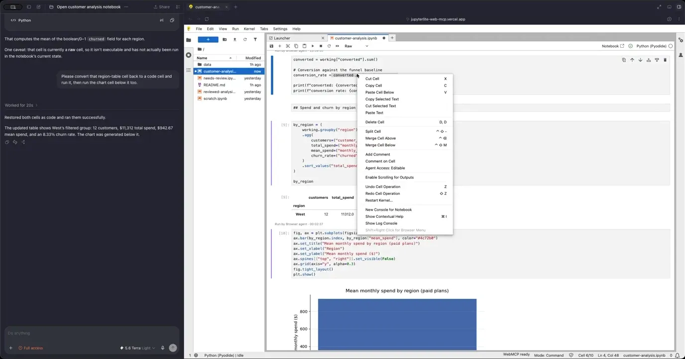 Right-click menu on a notebook cell in the JupyterLite demo, showing 'Add Comment', 'Comment on Cell' and 'Agent Access: Editable' next to the standard cell actions.