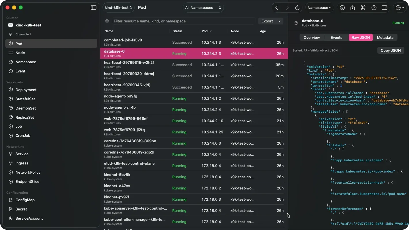 K9k inspector showing a Pod's raw JSON object with syntax highlighting beside the live resource table.