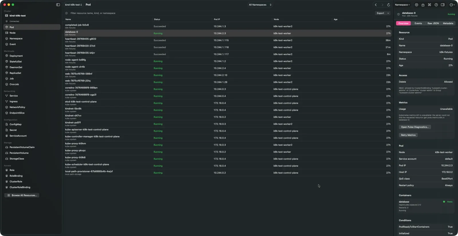 K9k, a native macOS Kubernetes manager: resource sidebar, a live Pod table from a Kind cluster, and an inspector showing RBAC access, metrics status and pod details.
