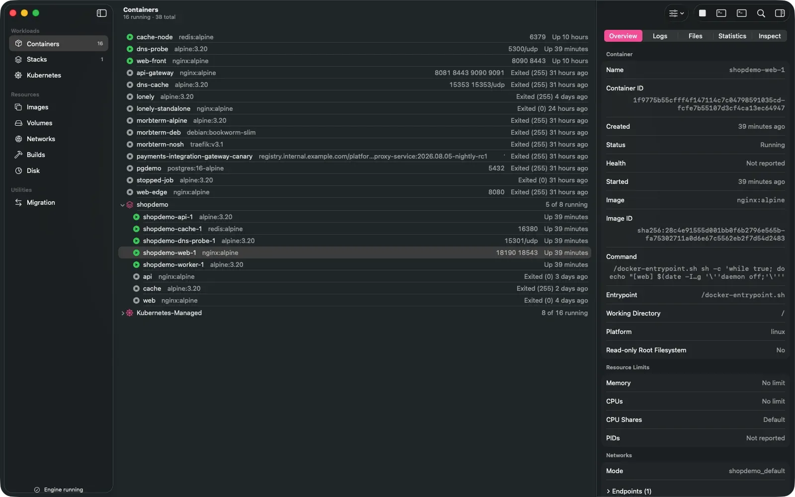 A container selected in Morbstack, with an inspector showing Overview, Logs, Files, Statistics and Inspect tabs.