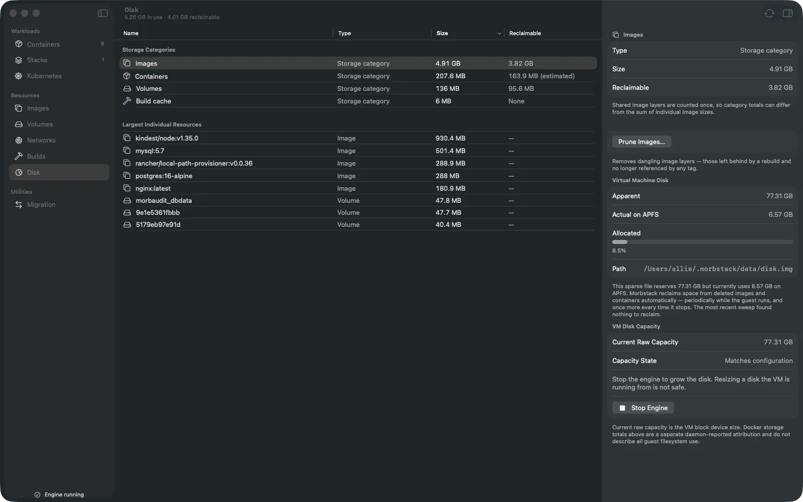 Morbstack Disk screen comparing the VM disk's 77 GB reserved size with the 6.6 GB it actually uses on APFS.