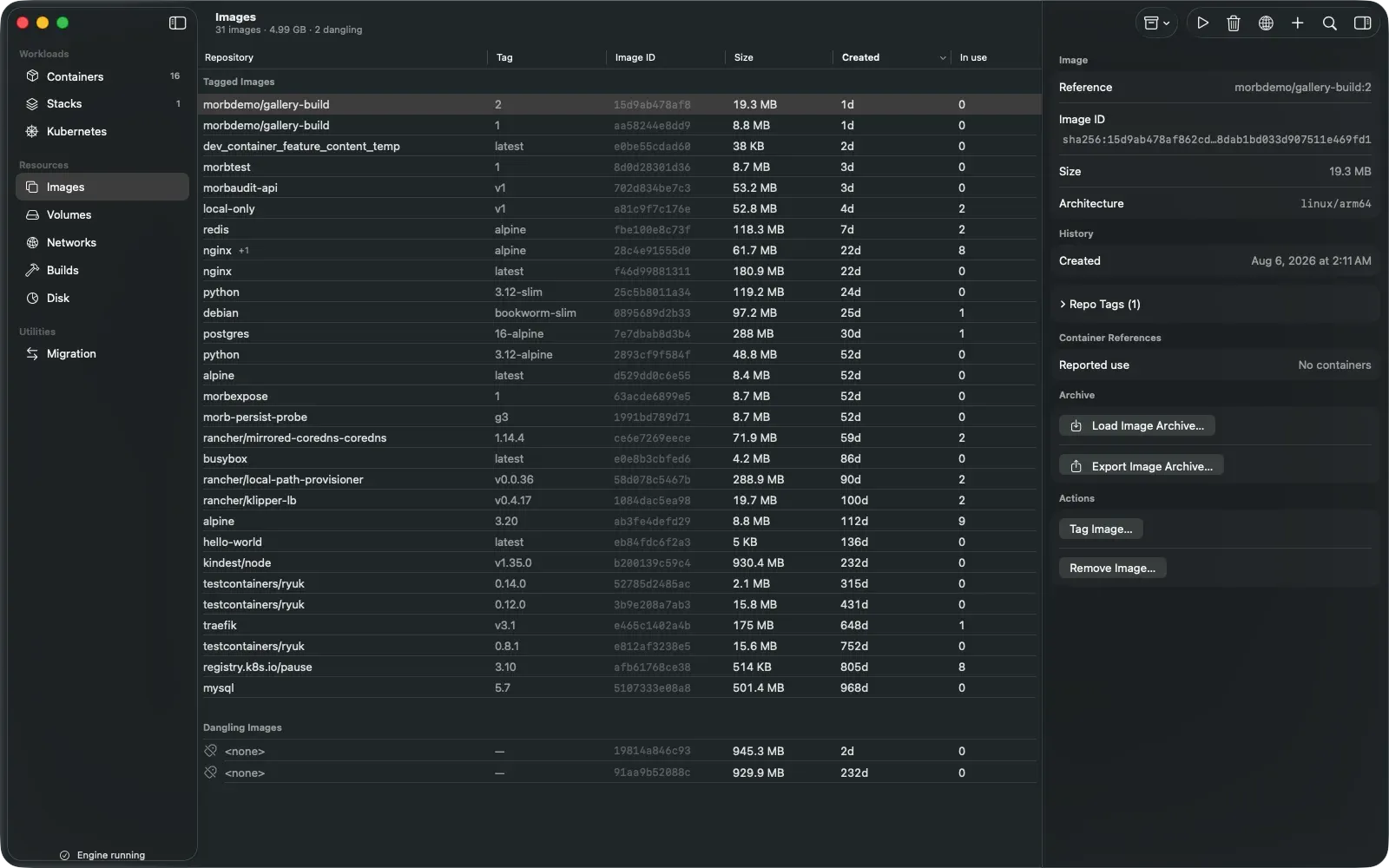 Morbstack Images table listing 31 images with sizes and architecture, plus archive and tag actions in the inspector.