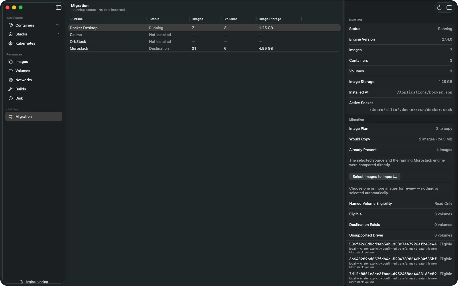 Morbstack Migration screen detecting Docker Desktop and planning which images to copy across.