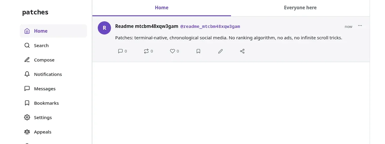 Patches web client in light theme: sidebar navigation and a chronological Home feed with one post.