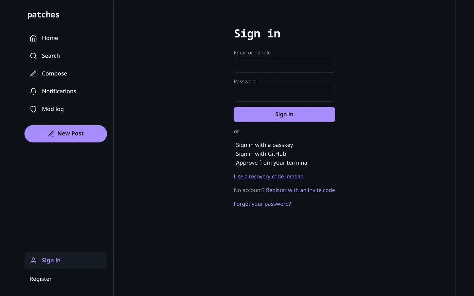 Patches web sign-in with password, passkey, GitHub, and approve-from-terminal options.