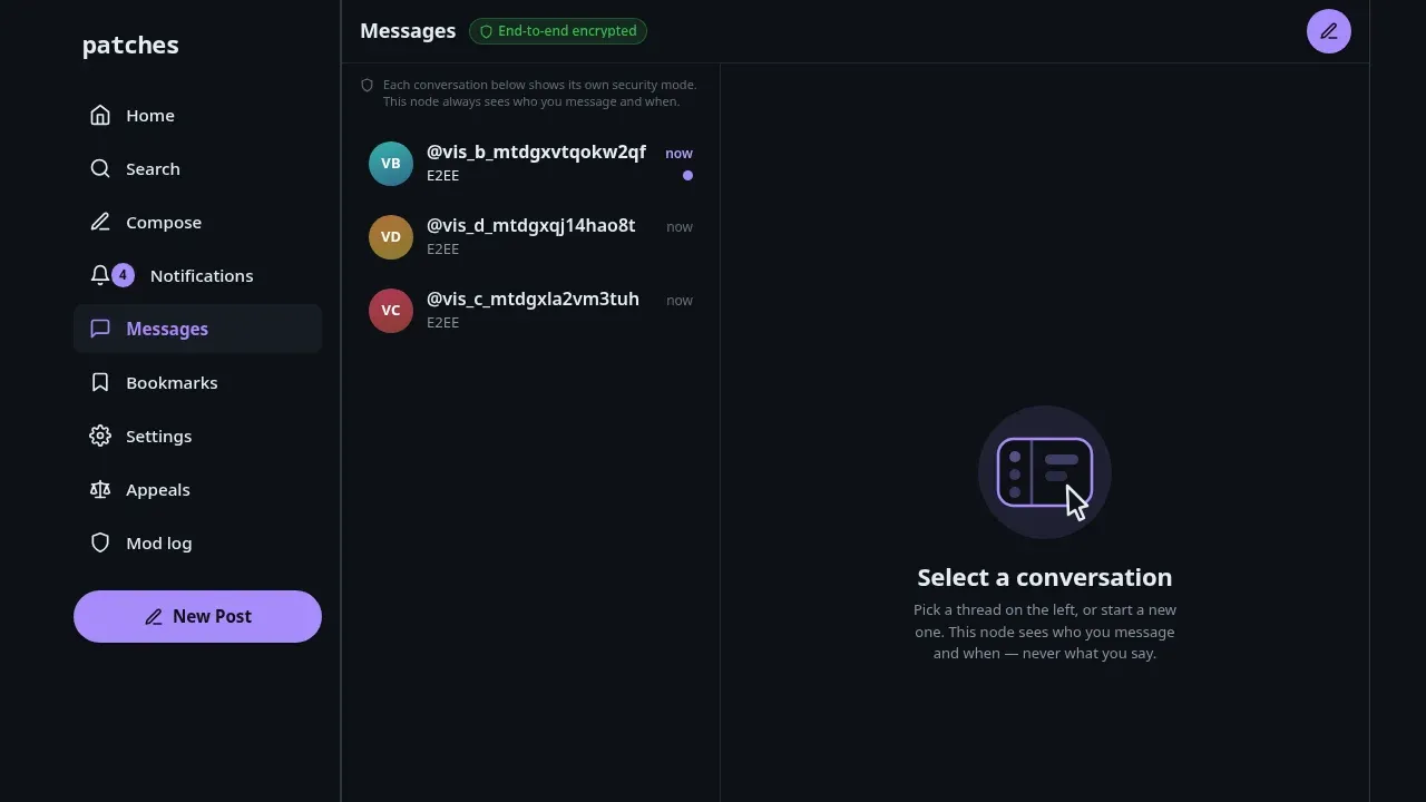 Patches web Messages screen in dark theme, marked end-to-end encrypted, explaining the node sees who you message and when but never what you say.