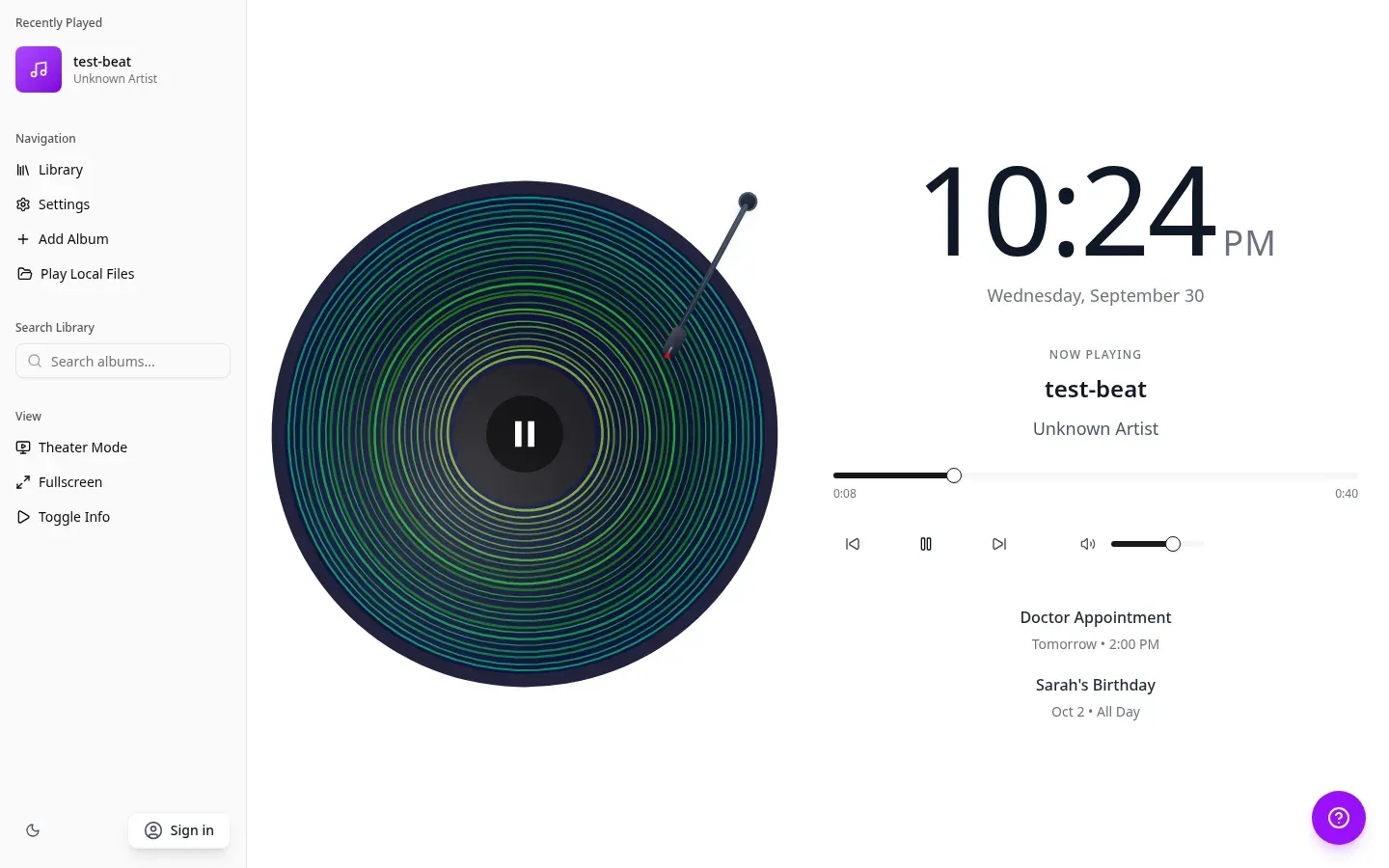 Spinerr on a desktop screen: a sidebar with navigation, a green generative vinyl record with the tone arm resting on it, a large clock reading 10:24 PM, the now-playing title "test-beat" with a progress bar and player controls, and two sample calendar events.