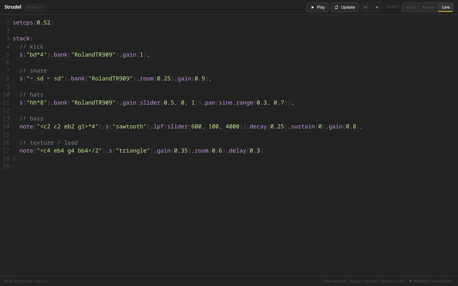 The live Strudel WebMCP editor with a drum, bass and lead pattern, and the Read, Review and Live dial in the header.