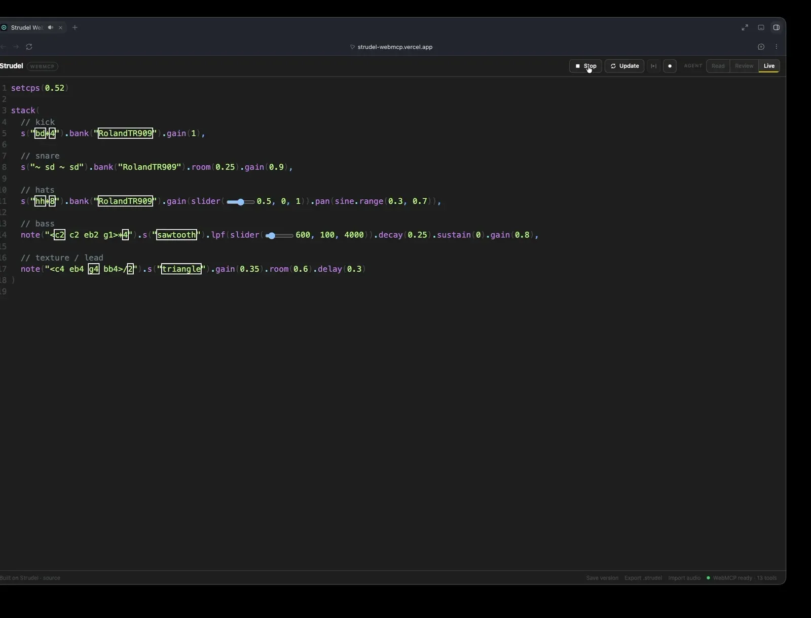 The editor with inline sliders, the Read, Review and Live dial, and a status line reading WebMCP ready, 13 tools.