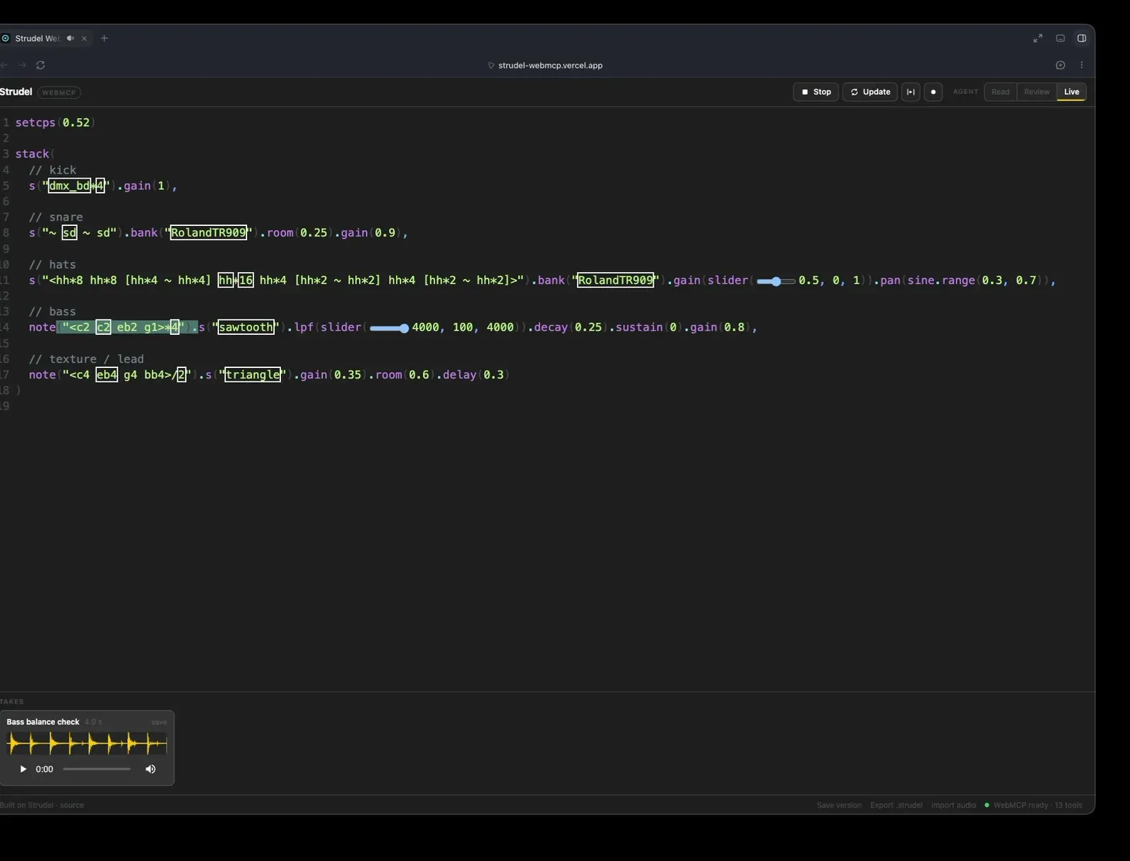 Strudel live-coding editor after agent edits, with Read, Review and Live permission modes in the header and a recorded audio take below the code.