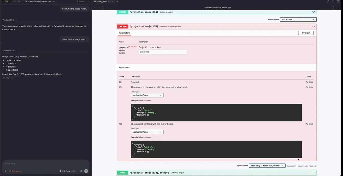 Swagger UI with an agent chat beside it: each API operation has an Agent access dropdown, and a delete endpoint is set to read only.