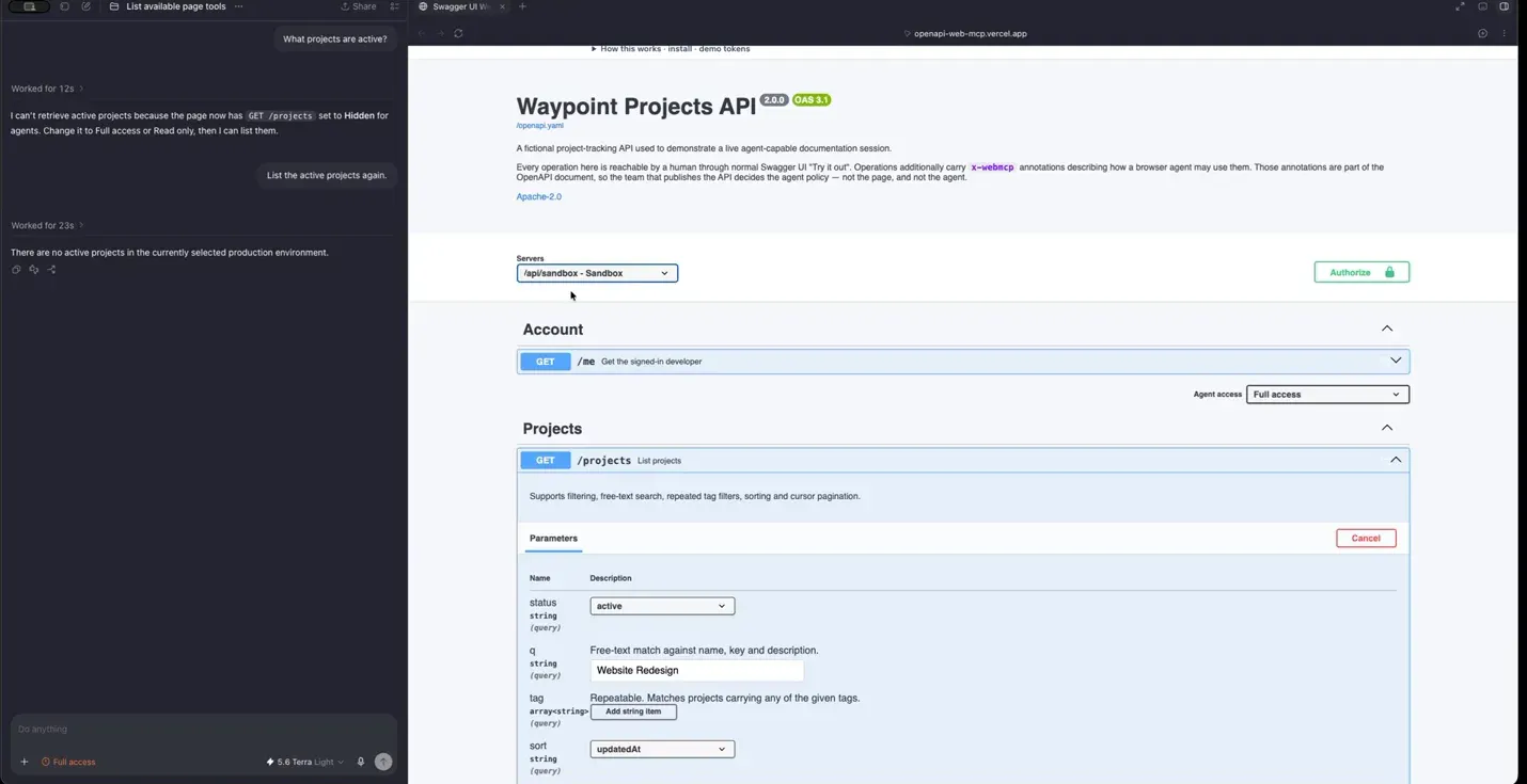 The agent explains that an operation is hidden from it, in Swagger UI showing the fictional Waypoint demo API.